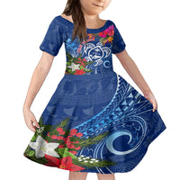 Guam Christmas Family Matching Off Shoulder Maxi Dress and Hawaiian Shirt Turtle Mix Tapa Felis Pasgua LT7 Daughter's Dress Blue - Polynesian Pride