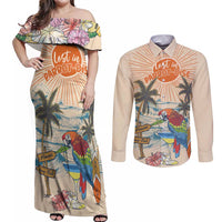 Personalized Christmas In July - Hawaii Retro Couples Matching Off Shoulder Maxi Dress and Long Sleeve Button Shirt Lost In Parrot-dise LT7 Beige - Polynesian Pride