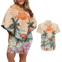 Personalized Christmas In July - Hawaii Retro Couples Matching Off Shoulder Short Dress and Hawaiian Shirt Lost In Parrot-dise LT7 Beige - Polynesian Pride