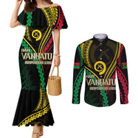Personalised Vanuatu Couples Matching Mermaid Dress and Long Sleeve Button Shirts 44th Hapi Indipendens Long LT7 Black - Polynesian Pride