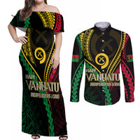 Personalised Vanuatu Couples Matching Off Shoulder Maxi Dress and Long Sleeve Button Shirts 44th Hapi Indipendens Long LT7 Black - Polynesian Pride