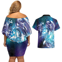 Aloha Hawaii Turtle Couples Matching Off Shoulder Short Dress and Hawaiian Shirt Teal Purple Ribbon - Polynesian Pride