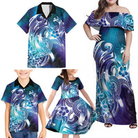Aloha Hawaii Turtle Family Matching Off Shoulder Maxi Dress and Hawaiian Shirt Teal Purple Ribbon - Polynesian Pride