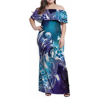 Aloha Hawaii Turtle Family Matching Off Shoulder Maxi Dress and Hawaiian Shirt Teal Purple Ribbon - Polynesian Pride
