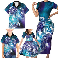 Aloha Hawaii Turtle Family Matching Short Sleeve Bodycon Dress and Hawaiian Shirt Teal Purple Ribbon - Polynesian Pride