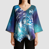 Aloha Hawaii Turtle Kimono Sleeve Blouse Teal Purple Ribbon - Polynesian Pride