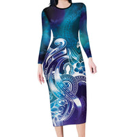 Aloha Hawaii Turtle Long Sleeve Bodycon Dress Teal Purple Ribbon - Polynesian Pride