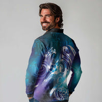 Aloha Hawaii Turtle Long Sleeve Polo Shirt Teal Purple Ribbon - Polynesian Pride