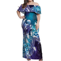 Aloha Hawaii Turtle Off Shoulder Maxi Dress Teal Purple Ribbon LT7 Women Purple Teal - Polynesian Pride