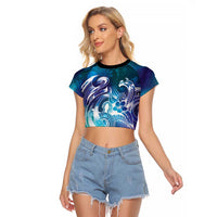 Aloha Hawaii Turtle Raglan Cropped T Shirt Teal Purple Ribbon - Polynesian Pride