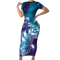 Aloha Hawaii Turtle Short Sleeve Bodycon Dress Teal Purple Ribbon - Polynesian Pride