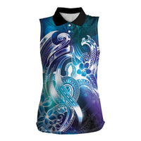 Aloha Hawaii Turtle Women Sleeveless Polo Shirt Teal Purple Ribbon - Polynesian Pride