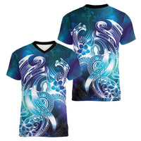 Aloha Hawaii Turtle Women V-Neck T-Shirt Teal Purple Ribbon LT7 - Polynesian Pride