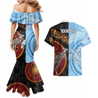 Personalised Fiji and Australia Couples Matching Mermaid Dress and Hawaiian Shirt Masi Patterns Mix Aboriginal Art LT7 - Polynesian Pride