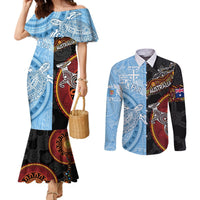 Personalised Fiji and Australia Couples Matching Mermaid Dress and Long Sleeve Button Shirts Masi Patterns Mix Aboriginal Art LT7 Colorful - Polynesian Pride
