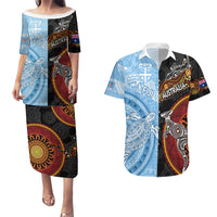 Personalised Fiji and Australia Couples Matching Puletasi Dress and Hawaiian Shirt Masi Patterns Mix Aboriginal Art LT7 Colorful - Polynesian Pride