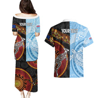 Personalised Fiji and Australia Couples Matching Puletasi Dress and Hawaiian Shirt Masi Patterns Mix Aboriginal Art LT7 - Polynesian Pride