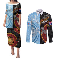 Personalised Fiji and Australia Couples Matching Puletasi Dress and Long Sleeve Button Shirts Masi Patterns Mix Aboriginal Art LT7 Colorful - Polynesian Pride