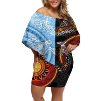 Personalised Fiji and Australia Off Shoulder Short Dress Masi Patterns Mix Aboriginal Art LT7 Women Colorful - Polynesian Pride