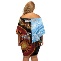 Personalised Fiji and Australia Off Shoulder Short Dress Masi Patterns Mix Aboriginal Art LT7 - Polynesian Pride