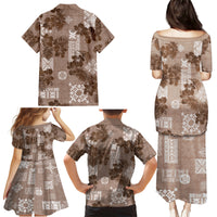 Vintage Hawaii Family Matching Puletasi Dress and Hawaiian Shirt Hibiscus Mix Hawaiian Quilt Patches - Brown LT7 - Polynesian Pride