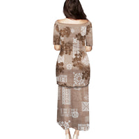 Vintage Hawaii Family Matching Puletasi Dress and Hawaiian Shirt Hibiscus Mix Hawaiian Quilt Patches - Brown LT7 - Polynesian Pride