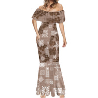 Vintage Hawaii Mermaid Dress Hibiscus Mix Hawaiian Quilt Patches - Brown LT7 - Polynesian Pride