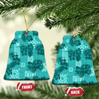 Vintage Hawaiian Quilt Patches Mix Hibiscus Ceramic Ornament Teal LT7 Bell Flake Teal - Polynesian Pride