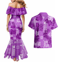 Hawaii Tapa Couples Matching Mermaid Dress and Hawaiian Shirt Hibiscus Mix Hawaiian Quilt Patches - Violet LT7 - Polynesian Pride