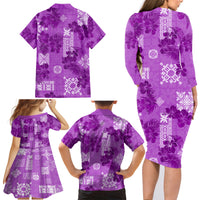 Hawaii Tapa Family Matching Long Sleeve Bodycon Dress and Hawaiian Shirt Hibiscus Mix Hawaiian Quilt Patches - Violet LT7 - Polynesian Pride