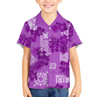 Hawaii Tapa Family Matching Puletasi Dress and Hawaiian Shirt Hibiscus Mix Hawaiian Quilt Patches - Violet LT7 Son's Shirt Violet - Polynesian Pride