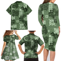 Hawaii Tapa Family Matching Long Sleeve Bodycon Dress and Hawaiian Shirt Hibiscus Mix Hawaiian Quilt Patches - Sage Green LT7 - Polynesian Pride
