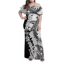 Polynesian Plumeria Lei Family Matching Off Shoulder Maxi Dress and Hawaiian Shirt with Hammerhead Shark