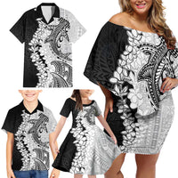 Polynesian Plumeria Lei Family Matching Off Shoulder Short Dress and Hawaiian Shirt with Hammerhead Shark