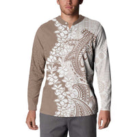 Polynesian Beige Plumeria Lei Button Sweatshirt with Hammerhead Shark