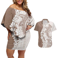 Polynesian Beige Plumeria Lei Couples Matching Off Shoulder Short Dress and Hawaiian Shirt with Hammerhead Shark