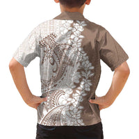 Polynesian Beige Plumeria Lei Family Matching Long Sleeve Bodycon Dress and Hawaiian Shirt with Hammerhead Shark