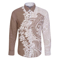 Polynesian Beige Plumeria Lei Family Matching Short Sleeve Bodycon Dress and Hawaiian Shirt with Hammerhead Shark