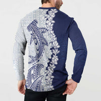 Polynesian Navy Blue Plumeria Lei Button Sweatshirt with Hammerhead Shark