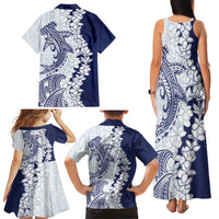 Polynesian Navy Blue Plumeria Lei Family Matching Tank Maxi Dress and Hawaiian Shirt with Hammerhead Shark