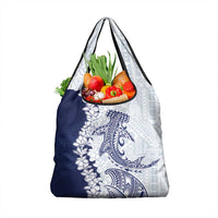 Polynesian Navy Blue Plumeria Lei Grocery Bag with Hammerhead Shark