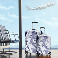Polynesian Navy Blue Plumeria Lei Luggage Cover with Hammerhead Shark
