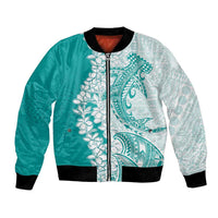 Polynesian Teal Plumeria Lei Bomber Jacket with Hammerhead Shark