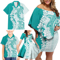 Polynesian Teal Plumeria Lei Family Matching Off Shoulder Short Dress and Hawaiian Shirt with Hammerhead Shark