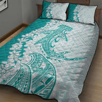 Polynesian Teal Plumeria Lei Quilt Bed Set with Hammerhead Shark