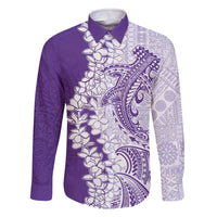 Polynesian Purple Plumeria Lei Family Matching Off The Shoulder Long Sleeve Dress and Hawaiian Shirt with Hammerhead Shark