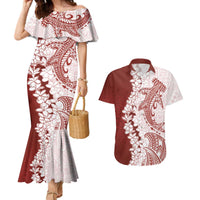 Polynesian Crimson Plumeria Lei Couples Matching Mermaid Dress and Hawaiian Shirt with Hammerhead Shark