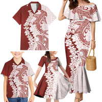Polynesian Crimson Plumeria Lei Family Matching Mermaid Dress and Hawaiian Shirt with Hammerhead Shark