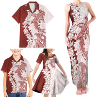 Polynesian Crimson Plumeria Lei Family Matching Tank Maxi Dress and Hawaiian Shirt with Hammerhead Shark