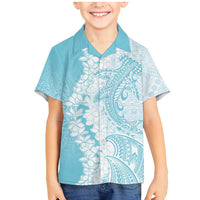 Polynesian Turquoise Plumeria Lei Family Matching Mermaid Dress and Hawaiian Shirt with Hammerhead Shark